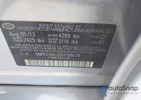 2013 Hyundai Sonata Se z USA, uszkodzony, nr VIN 5NPEC4AC0DH788638